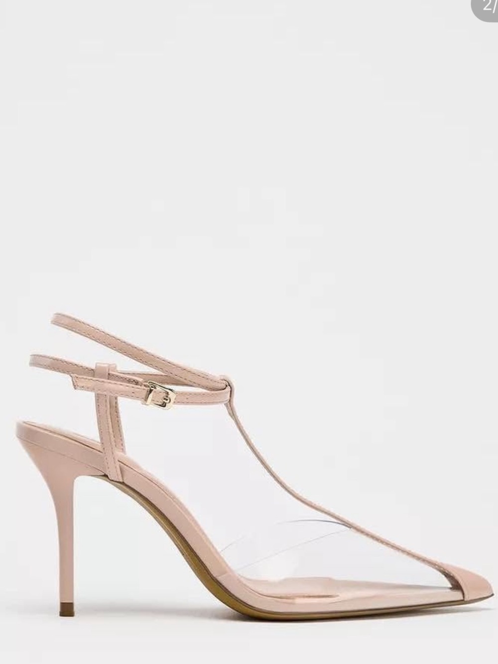 Zara T Strap Blush Nude Pointed Toe Ankle-Strap Heels with Clear Vamp Size 39 - Picture 3 of 11